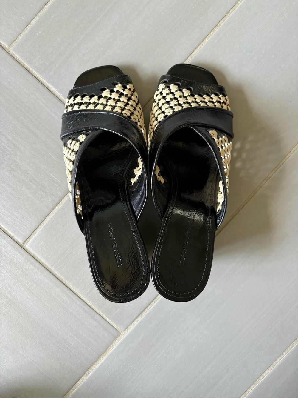 Tory Burch Black and Cream Woven Slide Sandals